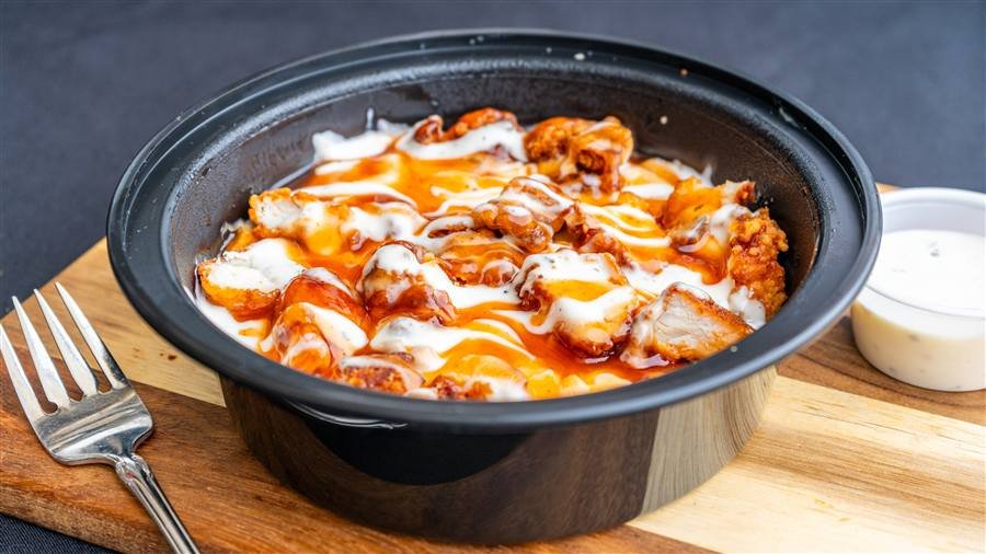 Mac Attack Bowl with mac and cheese and chicken tenders