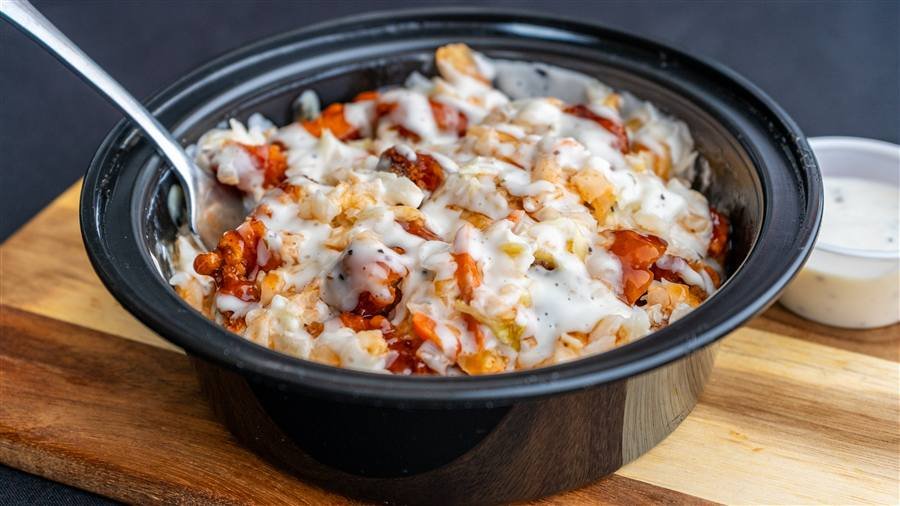Mr. Fry Bowl with mac and cheese, fries, chicken tenders